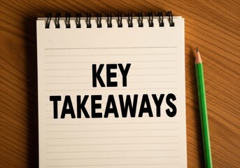 A notebook with the words key takeaways written on it, next to a green pencil on a wooden table