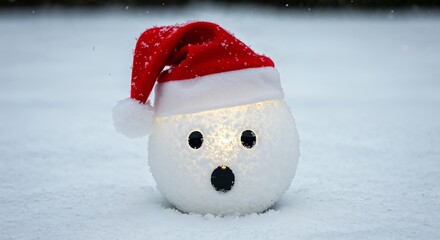 Glowing snowman head in red Santa hat with surprised face 