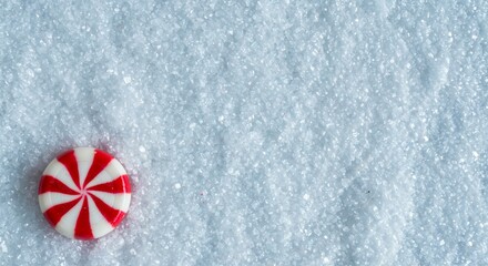 Single red striped peppermint candy on a sparkling sugar winter background