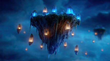 Fantasy floating island with glowing lanterns amidst a cloudy blue sky