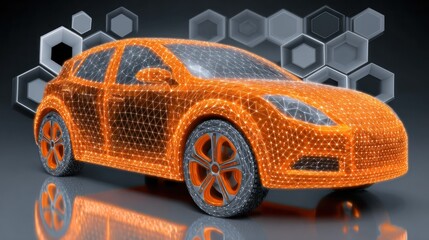 Digitally rendered orange vehicle concept with network connection overlay against a dark background