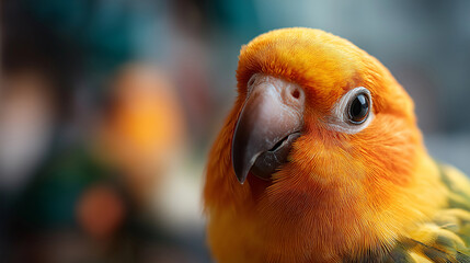 Fototapeta na wymiar Parrot stares into camera, vivid feathers and curiosity, pets, parrot, bird, color, personality, bonding, care, home, with copy space