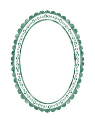 Watercolor green oval frame with dots and scallops.