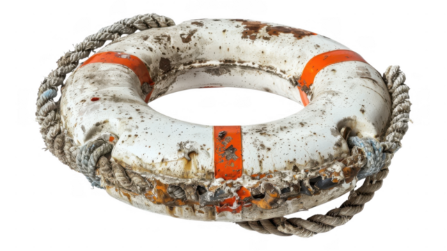 A worn out life preserver with rope tied on transparent background