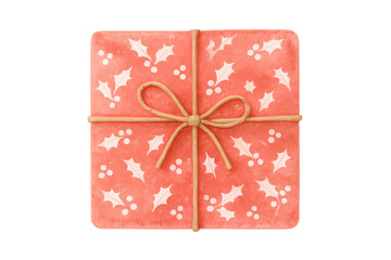 Festive gift box with holly and berry pattern wrapping paper, jute string bow, concept of giving presents, holiday celebrations