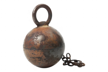 Old metal sphere with chain and handle on transparent background