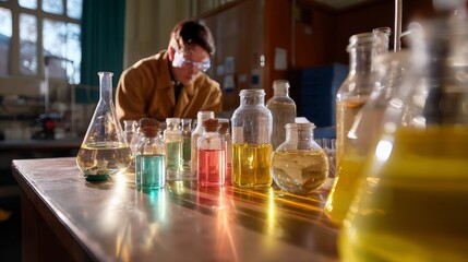 Precise Technician Labeling Hazardous Chemicals in Laboratory under Dreamy Natural Light - Point of View Shot with Leading Lines