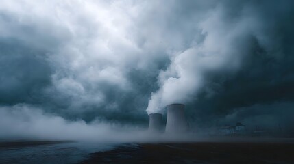 Industrial cooling towers release massive plumes of steam into a dark stormy sky