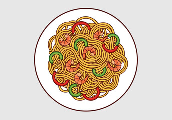 A top-down view of a plate of spaghetti with shrimp and colorful bell peppers.