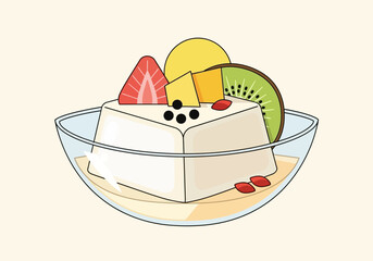 A glass bowl of almond tofu dessert topped with fresh strawberry, kiwi, and mango slices.