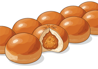 A row of golden-brown buns, one cut open to reveal a textured, savory filling, against a white background.