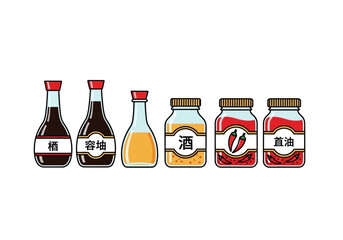 Illustration of various Asian cooking sauces and condiments in bottles and jars.