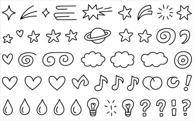 Hand Drawn Doodle Sketch Elements Set - Stars, Hearts, Clouds, Music Notes, and Arrows for Design Decoration