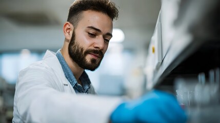 A scientist in a lab coat and blue gloves carefully examines samples on a shelf