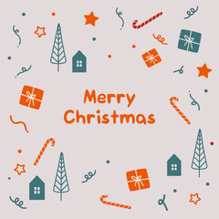 Merry Christmas greeting card with gifts, stars and candy canes