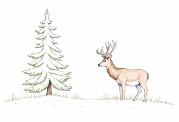 Majestic deer standing beside snow-covered pine tree in winter landscape illustrating seasonal beauty and serene nature scene