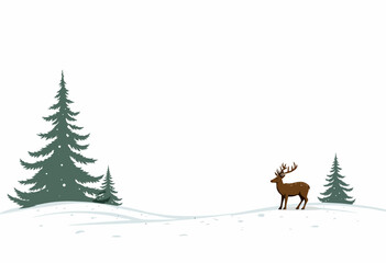 Illustration of a solitary deer standing amidst snow-covered landscape with pine trees, capturing the serene beauty and tranquility of a winter season forest scene