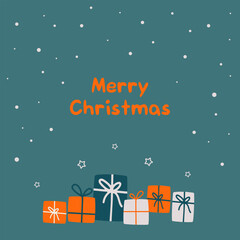 Cute Christmas card with gifts and snow in minimal flat style
