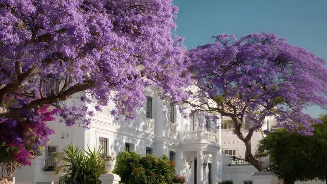 A sunny street of white houses lined with blooming purple jacaranda trees.
