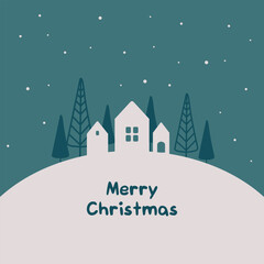 Christmas night landscape with houses and trees in cute flat style
