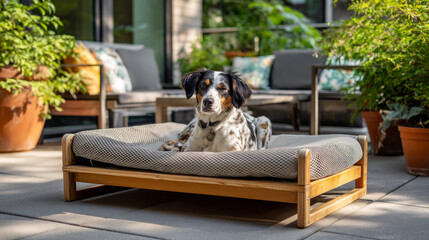 Stylish outdoor dog bed with wooden frame and gray fabric cushions, nestled on a modern terrace surrounded by plants and furniture, creates an elegant atmosphere.