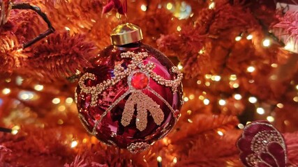 Shining red christmas tree with beautiful ball and golden lights - Powered by Adobe