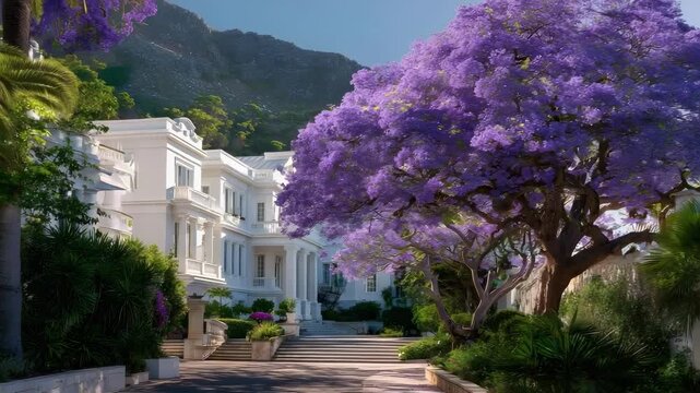 White upscale street with palm trees and a large purple jacaranda tree in bloom, stairs lead to elegant homes and a mountain backdrop.