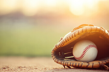 Baseball glove holding a ball on infield dirt, with a green outfield and warm golden hour sunlight in background