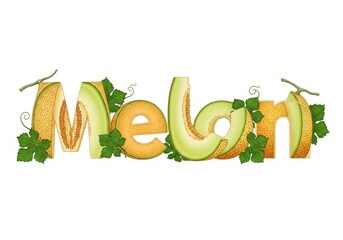The word melon creatively spelled out with slices and pieces of fresh, ripe melon, adorned with green leaves and vines, isolated on white background