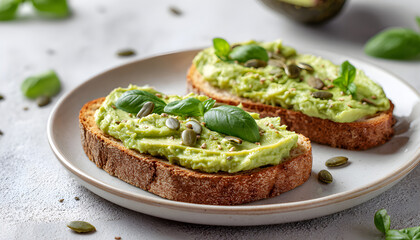 Avocado sandwich with pumpkin seeds. Healthy vegetarian avocado toast with rye bread for breakfast. Vegan menu. Top view