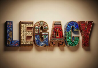 The word legacy spelled out in ornate, decorative letters with ancient egyptian hieroglyphs and vibrant colors, casting a shadow on a textured wall