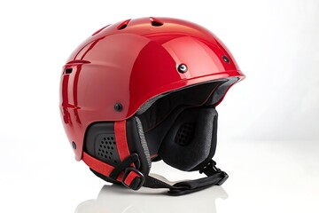 Fototapeta premium Red Ski Helmet with Glossy Surface and Chin Strap