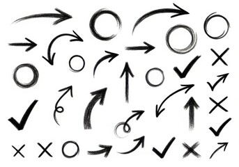 Collection of handdrawn chalkstyle arrows, circles, checkmarks, and crosses isolated on a white background, representing direction, choice, and negation