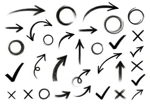 Collection of handdrawn chalkstyle arrows, circles, checkmarks, and crosses isolated on a white background, representing direction, choice, and negation