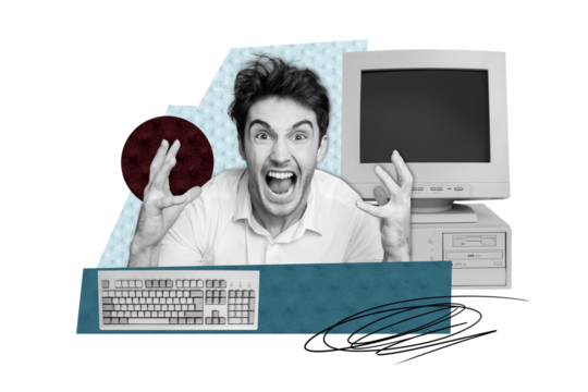 Composite photo collage of angry businessman scream work failure broke keyboard computer monitor screen isolated on painted background