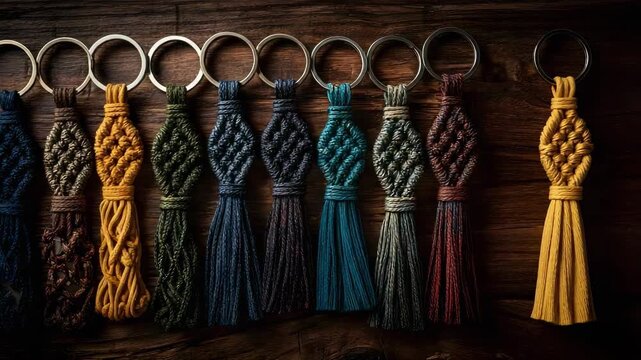 Row of colorful woven tassels hanging from circular metal rings on a dark wooden background.