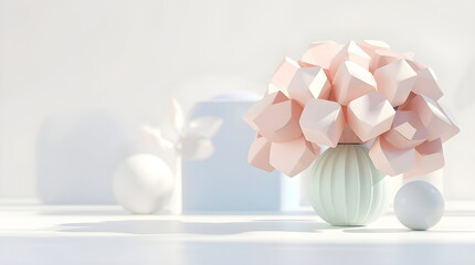 3D render of a minimalist pastel geometric flower in a white room