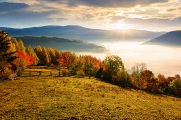 Obraz premium rural field and garden in autumn at sunrise. mountainous countryside landscape of romania with fog in the distant valley. wooden fence on a hill. beautiful view of transylvania in morning light