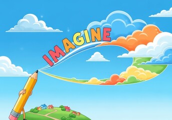A giant pencil draws the word imagine in colorful clouds against a bright blue sky with fluffy clouds and a green landscape with houses below