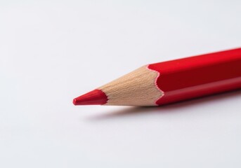 Closeup of a sharp red colored pencil tip, isolated on white background, highlighting the texture of the wood and pigment