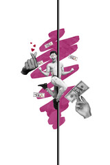Vertical creative art collage of happy guy stripteaser dance flirt show hand heart icon dollar payment isolated on painting background
