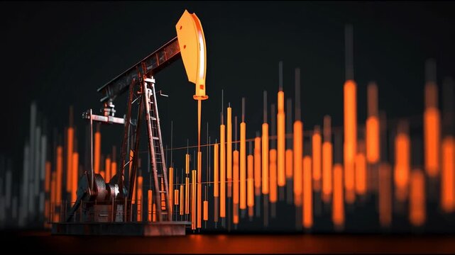 Oil price forecast concept featuring oil pump jack, glowing financial chart bars, energy industry finance trends, market analysis, and future outlook