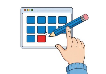 Hand holding a pencil pointing to a calendar grid on a computer screen, isolated on white background