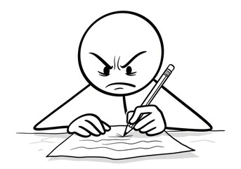 Angry stick figure writing furiously on a piece of paper with a pencil, isolated on white background
