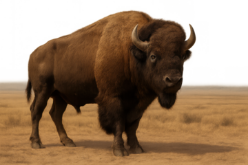 American bison standing on prairie, powerful wild animal, large brown buffalo, transparent background