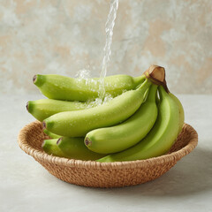 Fresh Green Bananas in a Woven Basket with Water Splashing on a Light Background
