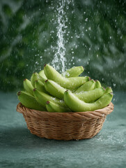 Fresh Green Bananas in a Woven Basket with Sprinkling Water Splash Background