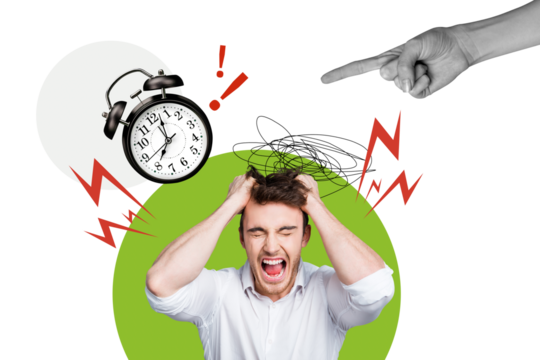 Creative collage picture young stressed irritated man trouble alarm clock deadline miss arrangement appointment overloaded employee