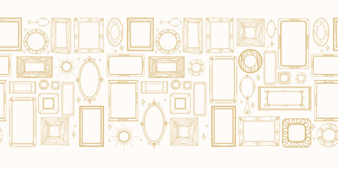 Hand drawn vintage gold picture frames in various shapes Seamless border pattern, for digital scrapbooking, packaging design, wrapping paper, backgrounds, web design,textile prints.Vector illustration