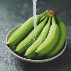 Fresh Green Bananas Being Washed with Water in a Bowl on a Dark Surface
